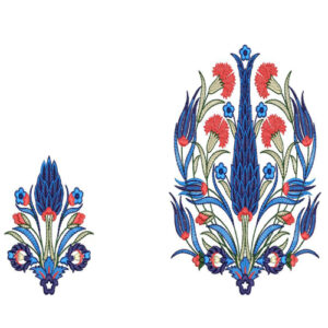 Traditional Blue and Red Floral Motif Textile Print with Symmetrical Design