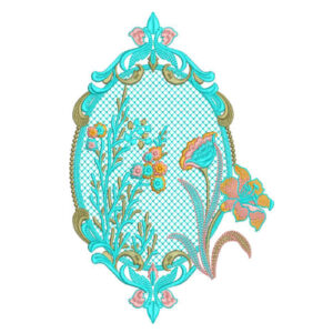 Elegant Turquoise Floral Frame Botanical Textile Print with Ornamental Detailing