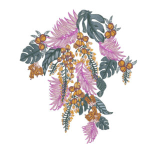 Exotic Tropical Botanical Textile Print with Pink Ferns and Golden Floral Accents