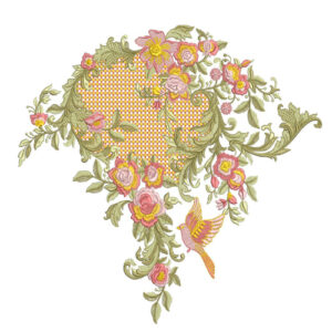 Ornate Floral Frame Botanical Textile Print with Decorative Bird Accent