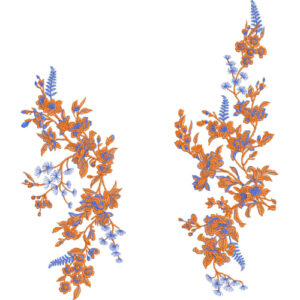 Bold Orange and Blue Floral Botanical Textile Print with Twin Vertical Motifs