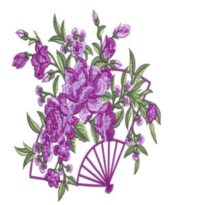 Elegant Purple Floral Botanical Textile Print with Decorative Fan Motif