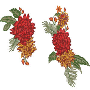 Rich Red and Golden Floral Botanical Textile Print with Twin Vertical Motifs