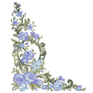 Elegant Blue Floral Botanical Textile Print with Ornamental Curved Vine Design
