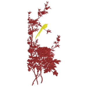 Ornate Maroon Floral Botanical Textile Print with Yellow Bird Accent