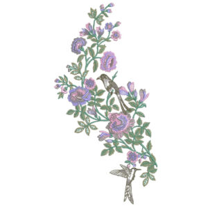 Delicate Lavender Floral Botanical Textile Print with Decorative Bird Accents