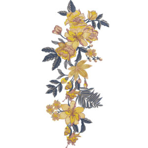 Elegant Golden Yellow Floral Botanical Textile Print with Deep Blue Foliage