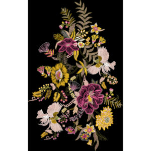 Elegant Floral Embroidery-Inspired Botanical Textile Print on Black Background