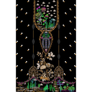 Artistic Nature-Inspired Embroidery Neckline Textile Design on Black