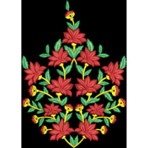 Symmetrical Floral Embroidery Motif with Red Flowers on Black