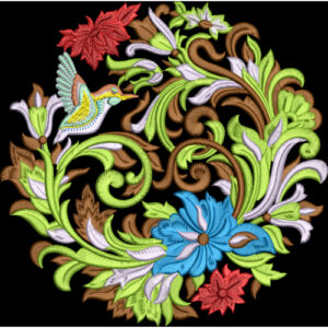 Ornamental Floral and Bird Embroidery Motif Textile Design on Black