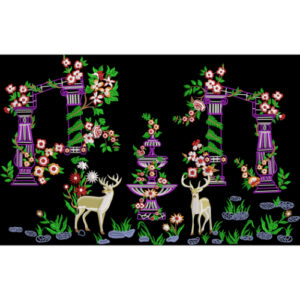 Artistic Floral Garden Embroidery Scene with Deer Motifs on Black