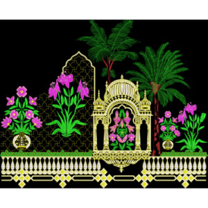 Royal Garden Architecture Embroidery Border Textile Design on Black