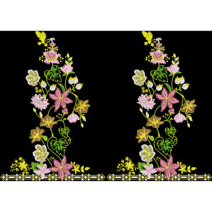 Symmetrical Floral Embroidery Border Design in Pastel Tones on Black