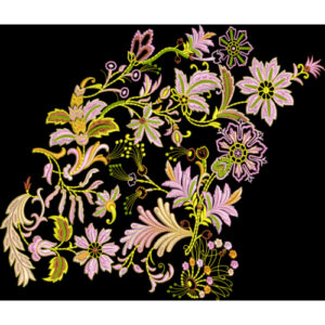 Artistic Curved Floral Embroidery Motif Textile Design on Black