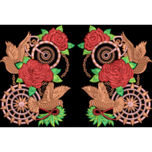 Symmetrical Vintage Rose and Bird Embroidery Motif Textile Design