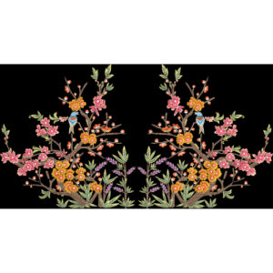 Symmetrical Floral Branch Embroidery Border with Bird Accents