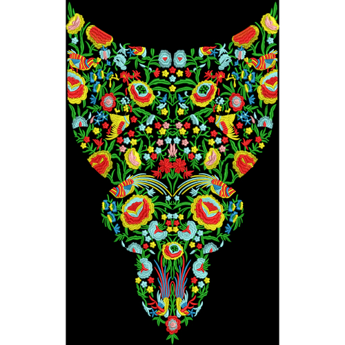 Luxury Multicolor Floral Neckline Textile Print on Black Base