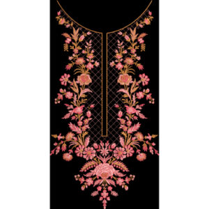 Elegant Floral Embroidery Inspired Neckline Textile Print on Black Base