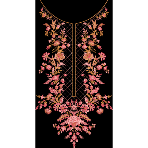 Elegant Floral Embroidery Inspired Neckline Textile Print on Black Base