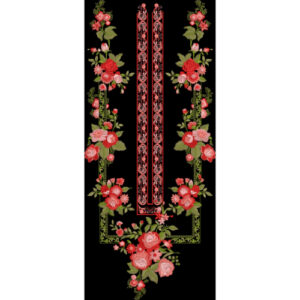 Classic Rose Floral Neckline Textile Print with Ornamental Borders on Black Base
