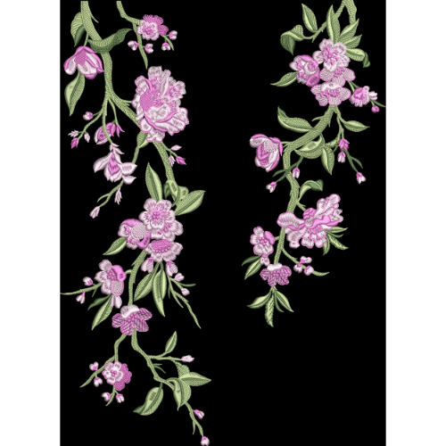 Delicate Pink Blossom Embroidery Style Floral Textile Print on Black Base