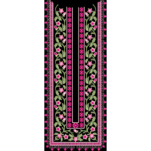Ornamental Floral Border Neckline Textile Print with Pink Accents on Black Base
