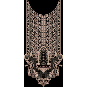 Elegant Ornamental Embroidery Style Neckline Textile Print in Beige on Black Base