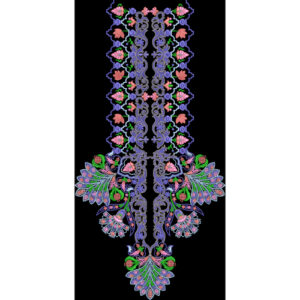 Ornamental Floral and Peacock Motif Embroidery Style Neckline Textile Print on Black Base