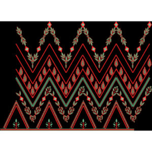 Geometric Zigzag Floral Embroidery Style Border Textile Print on Black Base
