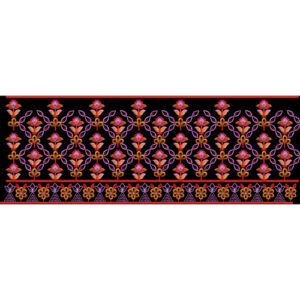 Traditional Floral Geometric Embroidery Style Border Textile Print on Black Base