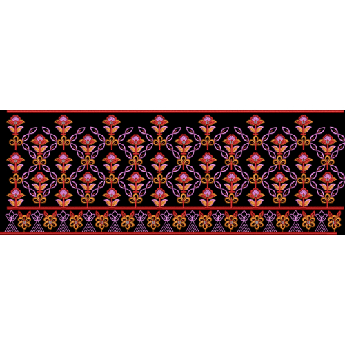 Traditional Floral Geometric Embroidery Style Border Textile Print on Black Base