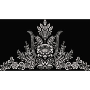Elegant White Floral Embroidery Style Ornamental Textile Motif on Black Base