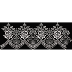 Elegant White Floral Embroidery Style Scalloped Border Textile Print on Black Base