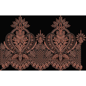 Copper Tone Ornamental Embroidery Style Scalloped Border Textile Print on Black Base