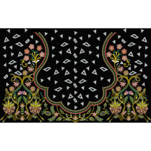 Ornamental Floral Embroidery Style Scalloped Border Textile Print on Black Base