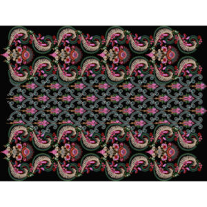 Rich Paisley and Floral Embroidery Style Allover Border Textile Print on Black Base