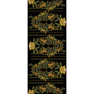 Elegant Golden Floral Paisley Embroidery Style Vertical Textile Print on Black Base