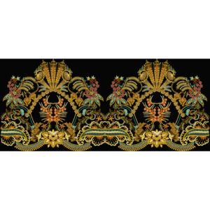 Luxurious Golden Ornamental Embroidery Style Scalloped Border Textile Print on Black Base
