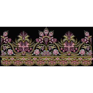 Royal Floral Embroidery Style Ornamental Border Textile Print on Black Base