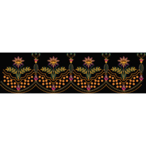 Decorative Floral Vine Embroidery Style Scalloped Border Textile Print on Black Base