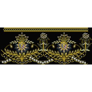 Luxurious Golden Floral Embroidery Style Scalloped Border Textile Print on Black Base