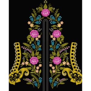 Vibrant Floral Embroidery Style Neckline Textile Design with Golden Accents on Black Base