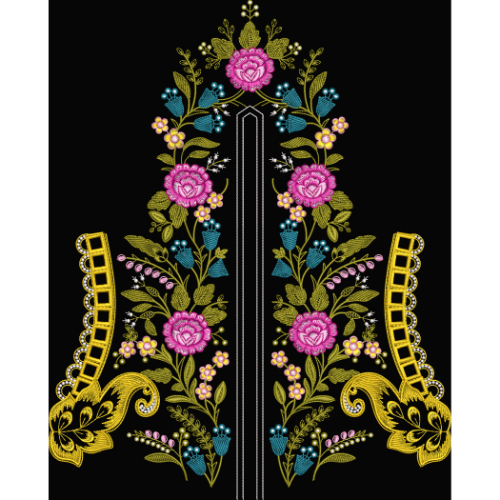 Vibrant Floral Embroidery Style Neckline Textile Design with Golden Accents on Black Base