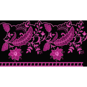 Bold Pink Floral Vine Embroidery Style Border Textile Print on Black Base