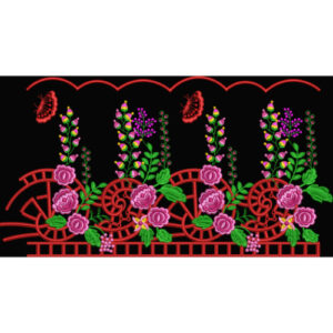 Decorative Floral Embroidery Style Scalloped Border Textile Print on Black Base