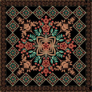 Ornate Floral and Geometric Embroidery Style Square Textile Panel on Black Base