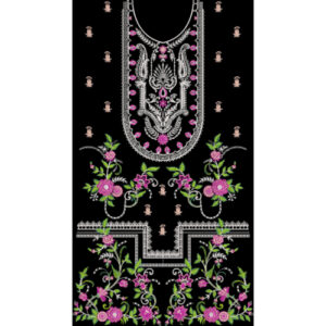 Luxury Floral Embroidered Neckline & Panel Textile Design on Black