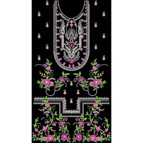 Luxury Floral Embroidered Neckline & Panel Textile Design on Black