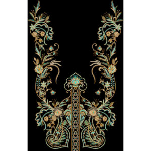 Elegant Gold & Teal Floral Embroidered Neckline Textile Design